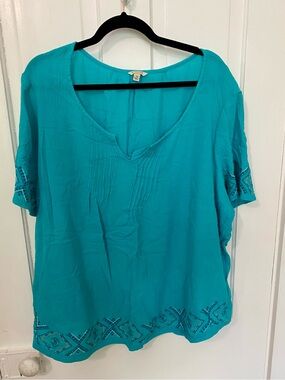 Sonoma Goods For Life Teal Embroidered Peasant Blouse - Plus Size 3X
